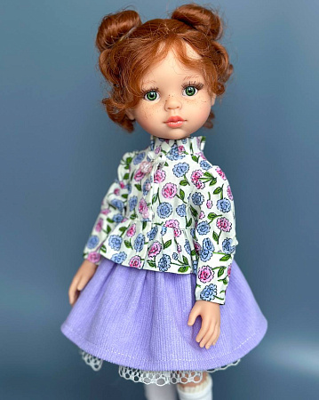 Комплект из 4 предметов на куклу Paola Reina 33 см: Блуза, юбка, подьюбник, гольфы, Сиреневая блузка в цветочек